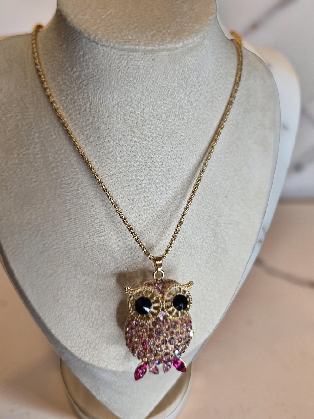 Betsey Johnson Gold & Pink Crystal Owl Pendant Necklace